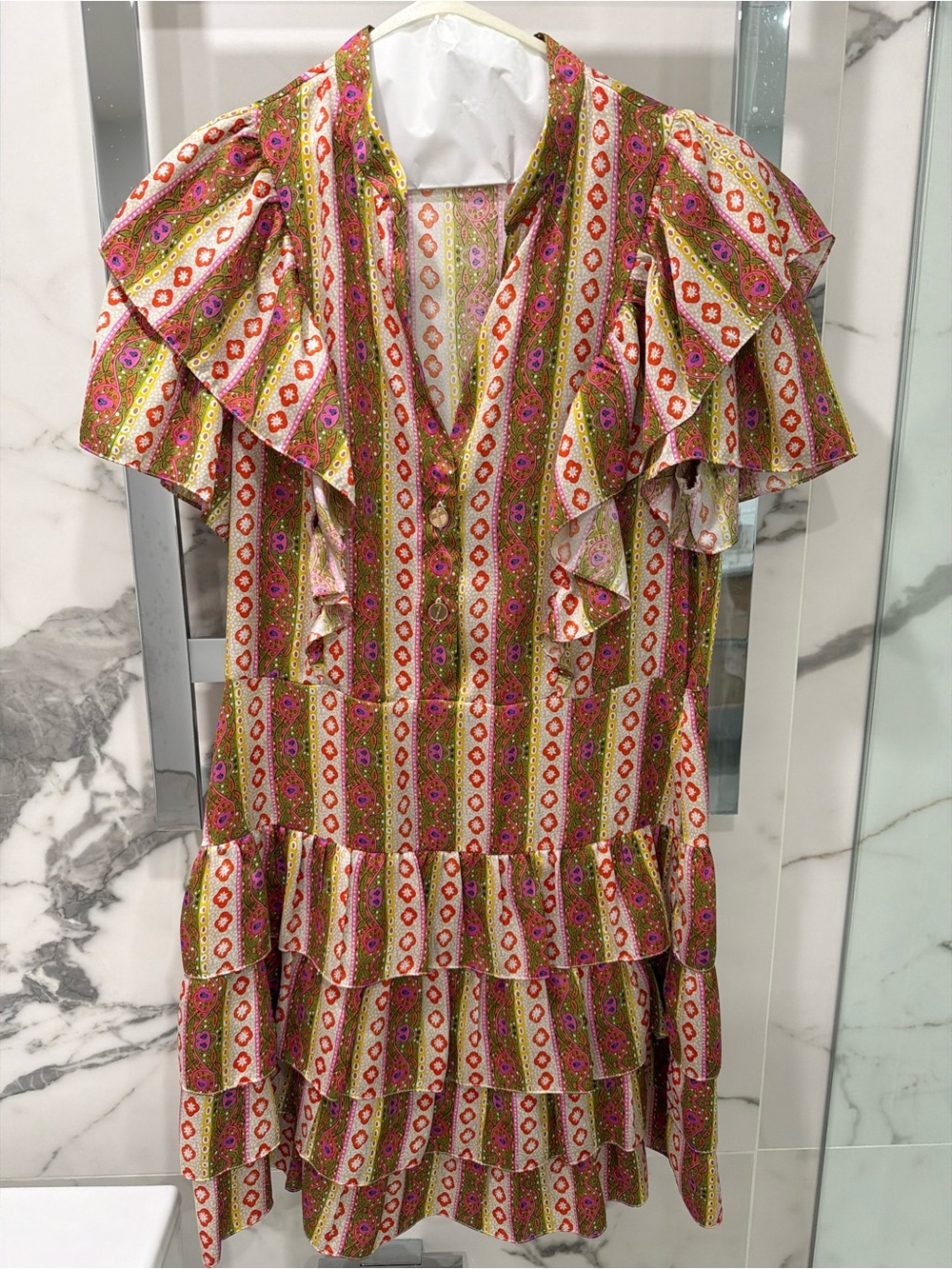 Sandro Multicolor Striped Ruffled Dress — Green, Pink & White